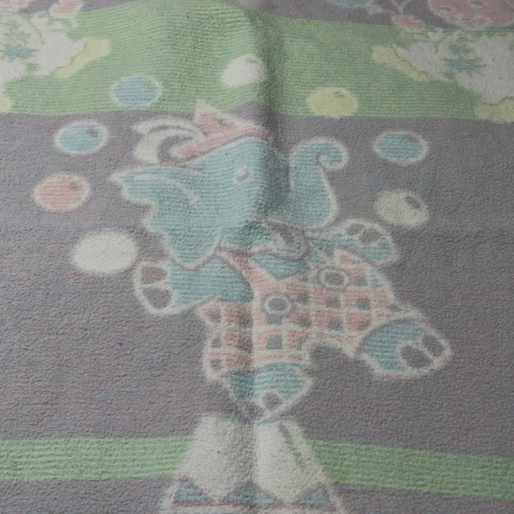 Vintage Circus Elephant Baby Blanket Yellow Satin Ruffle Trim Pastel Acrylic